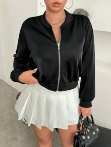 SHEIN EZwear Plus Size Solid Color Zip-Up Short Casual Bomber Jacket Winter Fall Autumn - Black - View 1