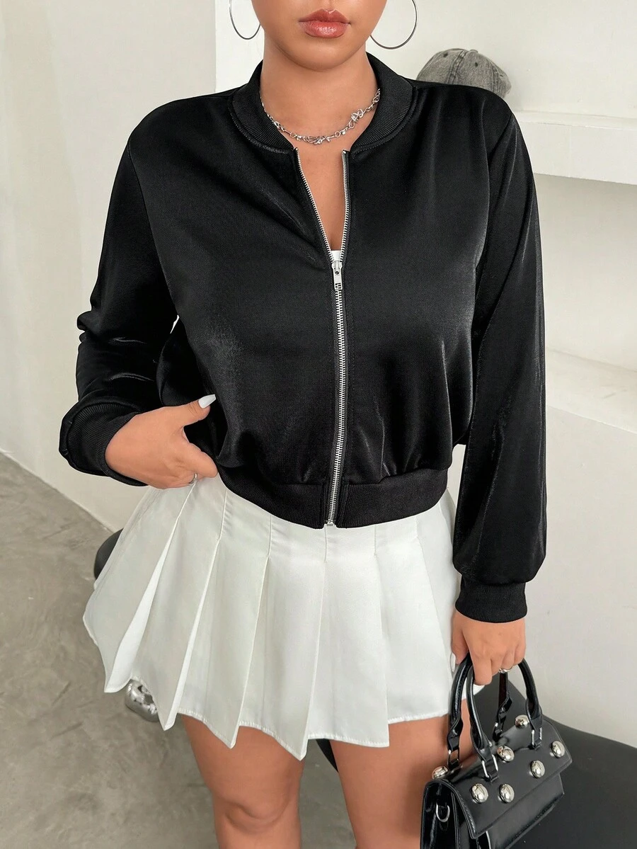 SHEIN EZwear Plus Size Solid Color Zip-Up Short Casual Bomber Jacket Winter Fall Autumn - Black - View 1