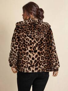 SHEIN LUNE 大码女式豹纹长袖拉链连帽抽绳外套秋冬外套女式冬季外出上衣女式外出拉链连帽衫冬季外套动物纹棕色秋季 - 彩色 - 查看 3