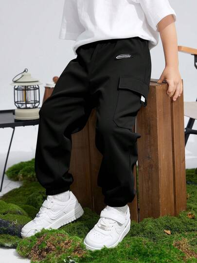 SHEIN Tween Boys' Casual Sports Graphic Print Pockets Loose Fit Drawstring Cargo Pants, Suitable For Commuting, School, Daily Casual, Travel, Sports, Spring/Summer/Autumn/Winter, Black Cargo Pants