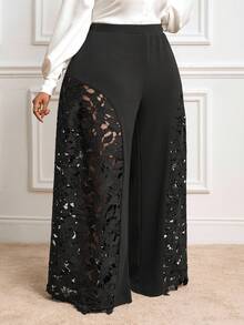 Veslaya Quần ống rộng phối ren dự tiệc thanh lịch mới 2025, Thu/Đông - màu đen - Xem 7