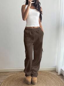 Sunnyshic Quần nỉ trơn màu thường ngày thu đông dành cho nữ - màu nâu - Xem 4