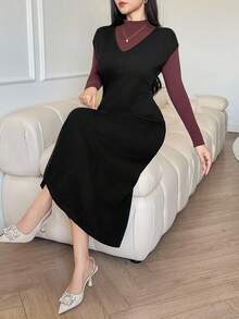 DAZY Women's Elegant V-Neck Solid Color Knitted Dress, High-End, Autumn/Winter Sweater Dress - Black - View 9