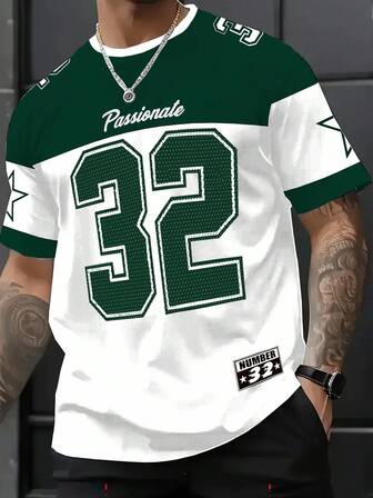 Manfinity Homme Camiseta casual de cuello redondo con bloqueo de color y diseño gráfico numérico para hombres