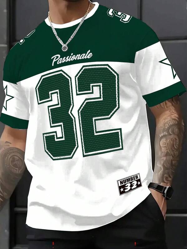 Manfinity Homme Camiseta casual de cuello redondo con bloqueo de color y diseño gráfico numérico para hombres