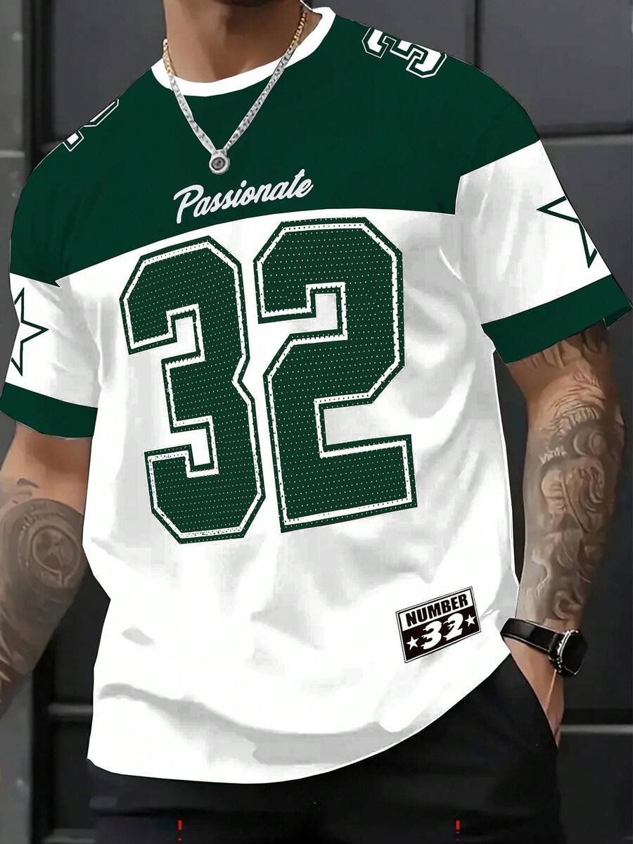 Manfinity Homme maglietta casual da uomo con grafica numerica, scollo rotondo, effetto color-block, spalle a caduta - Multicolore - Visualizzare 1