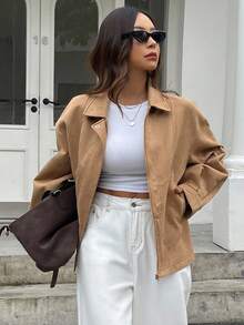 Livesso Giacca casual ampia da donna con colletto a risvolto, cappotto autunnale da donna per la scuola - Cachi - Visualizzare 2