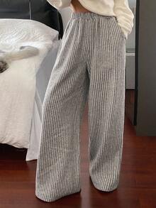 Livesso Women's Loose Straight Leg Wool Blend Pants, Casual Business Commuter Style With Contrast Stripe Patchwork, Suitable For Autumn Fall And Winter