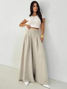 Firerie Women's Casual Elegant Pleated Loose Wide-Leg Pants, Almond Color, Linen Texture / Suitable For Commuting, Back To School Season, Teacher's Wear, Business Negotiations And Other Occasions / Old Money Style / Fall Clothes For Women / Intellectual And Elegant Trousers - Apricot - View 7