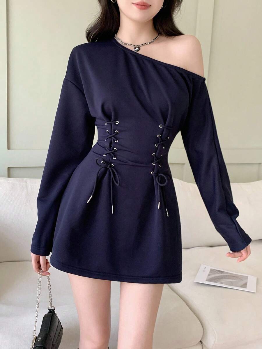 Feyla 女式秋季字母图案斜肩蝙蝠袖长袖抽绳腰休闲运动衫连衣裙 - 藏蓝色 - 查看 1