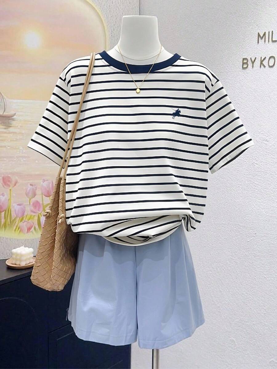 INAWLY 大码女式夏季休闲修身T恤，骑马和条纹印花 - 白色 - 查看 1