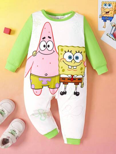 SpongeBob SquarePants | SHEIN Barboteuse tricotée à manches longues avec motif de dessin animé mignon pour bébé garçon