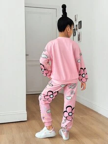 SHEIN 2件套青少年女孩休闲宽松花卉印花圆领运动衫和裤子套装 - 淺粉色 - 查看 2
