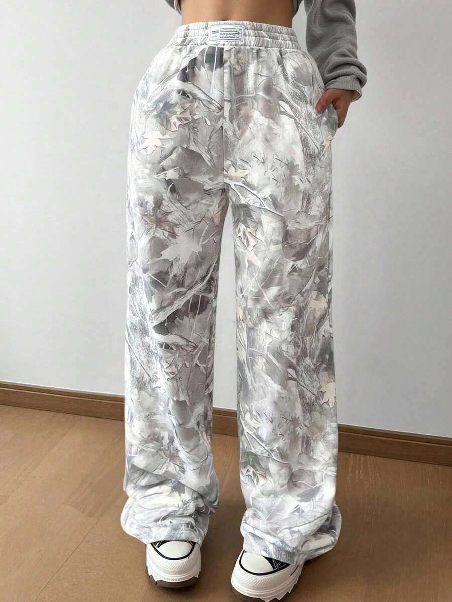 SHEIN Teen Girls Green Leaf Print Waistband Contrast Trim Loose Pants, Casual, Unisex, Outdoor Fall Winter