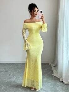 Rafferiza Petite 优雅时尚年轻简约百搭修身露肩喇叭袖美人鱼中长连衣裙，适合娇小女性，秋季 - 黃色 - 查看 4