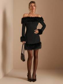 SHEIN BAE Elegant Black Fuzzy Patchwork Open Shoulder Bodycon Mini Dress For Women,Winter Night Out Cocktail Party Formal Gathering Valentine's Day Outfits - Black - View 3