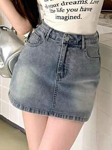 DAZY 女式牛仔连身裙，带盖前袋，休闲，短裙 - 藍色 - 查看 7