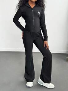 Conjunto de chaqueta con cremallera y pantalones con estampado sencillo para niñas preadolescentes, otoño e invierno - Negro - Ver 6