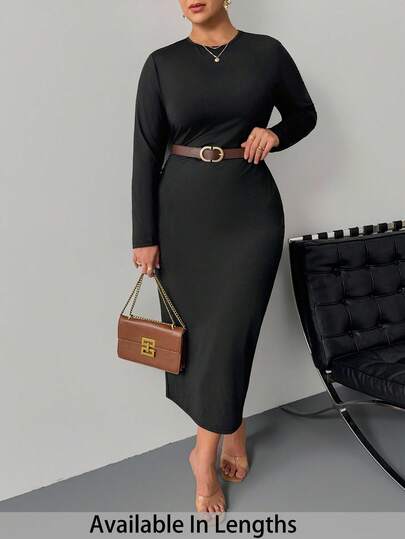 SHEIN PETITE CURVE 大码纯色腰部褶皱黑色长袖连衣裙