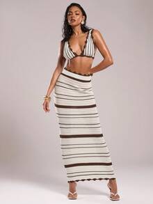 SHEIN BAE Women's High Waist Striped Fitted Knit Skirt In Fall/Winter - Coffee Brown - View 3