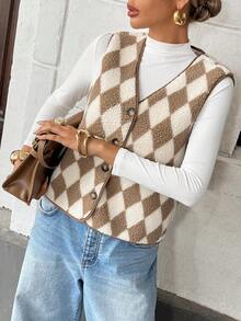 Chiquease Women's Diamond Pattern Furry Open Front Button Sleeveless Jacket - Khaki - View 5