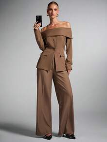 SHEIN BAE Damskie spodnie biurowe w jednolitym kolorze z wysokim stanem i szerokimi nogawkami, luźne, codzienne, brązowe spodnie damskie, spodnie damskie, stroje do pracy, strój biurowy, spodnie robocze na jesień/zimę - Kolor khaki - Zobacz 6