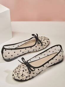 SHUZIA Giày ba lê lưới họa tiết chấm bi dành cho nữ để sử dụng hàng ngày - Đen và trắng - Xem 6