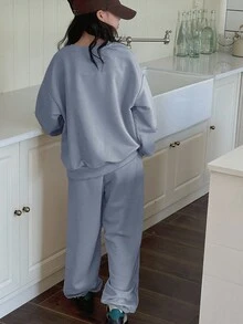 Dazy Kids 2 件套青少年女孩秋季服装，圆领字母刺绣运动衫，返校服装 - 霧霾藍 - 查看 4