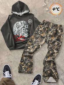 SHEIN 2 件青少年男孩休闲日常舒适印花连帽运动衫和直筒宽松运动裤套装 - 彩色 - 查看 1