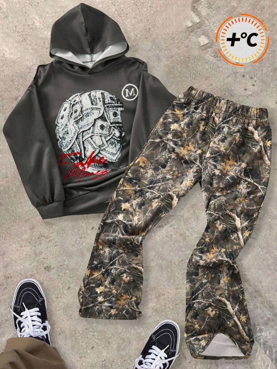 SHEIN 2 件青少年男孩休闲日常舒适印花连帽运动衫和直筒宽松运动裤套装 - 彩色 - 查看 1