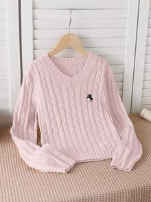 SHEIN 少女简约刺绣装饰长袖粉色毛衣 秋冬款 - 粉色 - 查看 9