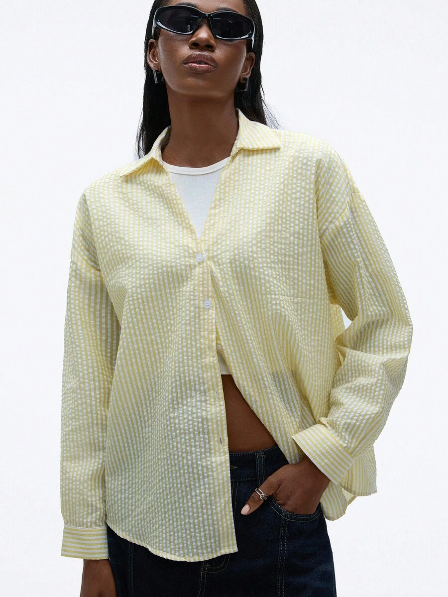 GENKIRA Áo sơ mi nữ dáng suông in sọc, không cần áo ngực, thích hợp mặc đi nghỉ mát. - Màu vàng - Xem 1