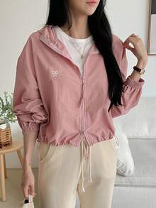 DAZY Women's Front Zipper Long Sleeve Hooded Jacket With Bowknot Embroidery, Casual Daily Wear,Fall Clothes - Pink - View 7