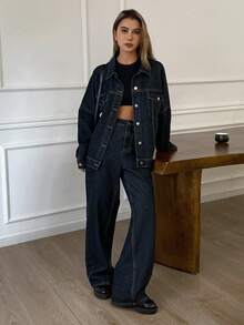 Livesso 女士休闲翻领宽松上衣和阔腿牛仔裤套装，秋季 - 藍色 - 查看 6