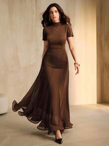 Anewsta Chân váy voan xếp ly cạp cao thanh lịch, màu nâu, thích hợp cho mùa thu, mùa hè, thanh lịch, sang trọng, thường ngày - màu nâu - Xem 5