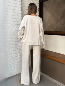 EURMUSE Heart Embroidery Knitted Sweater And Pants Set, Casual For Autumn/Winter - Cream - View 6