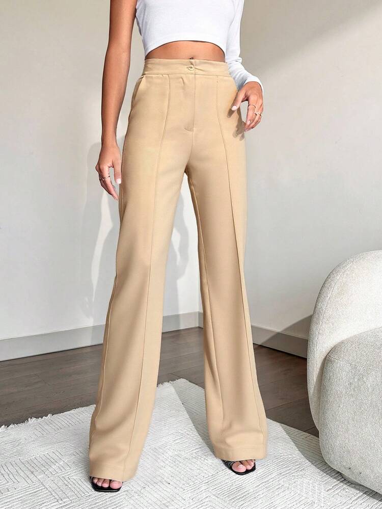EURMUSE Ladies' Solid Color Suit Trousers With Pockets - Beige - View 4