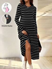SHEIN 孕妇休闲条纹圆领长袖T恤连衣裙，秋季 - 黑色 - 查看 3