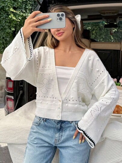 EURMUSE Women Stitch Detailed Hollow Out Pom Pom Front Button Cardigan White Cardigan Women Crochet Cardigan Women Summer Cardigan Eyelet Sweater Lace Detail Cardigan
