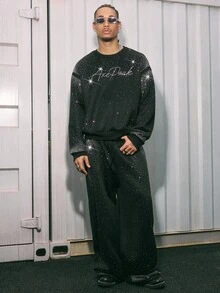AXEPEAK Men's Fashion Rhinestone Embellished Sweatshirt And Sweatpants Clothes Set, For Fall Winter - Black - View 1