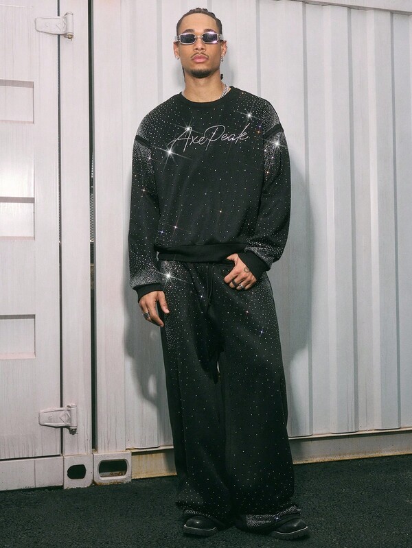 AXEPEAK Men's Fashion Rhinestone Embellished Sweatshirt And Sweatpants Clothes Set, For Fall Winter