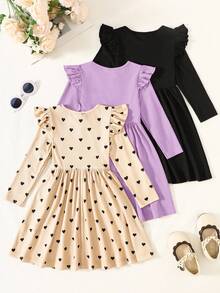 3pcs Set: Young Girl Solid Color Fitted Casual Dress With Flutter Sleeve Fall Winter - Black - View 2