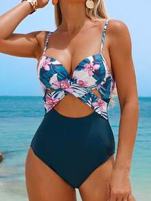Swim Lushoire Bañador una pieza push up floral al azar con estampado cruzado - Multicolor - Ver 6