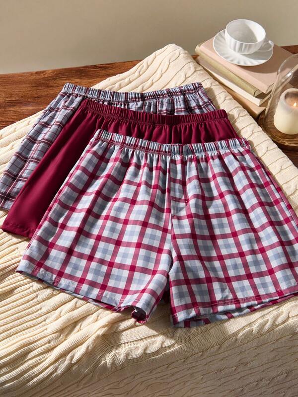 SHEIN EverLounge 3 pièces Shorts à carreaux vintage britannique rétro, coupe confortable et décontractée, style gentleman