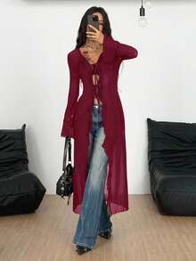 Coolane Women's Fall/All-Season Rave Renaissance Fair Hippie Music Festival Gyaru Mesh Straps Ruffle Ribbon Long Coat