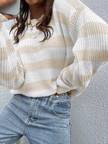 EMERY ROSE 休闲撞色条纹落肩宽松针织毛衣，秋季条纹毛衣女女士条纹套头衫条纹套头衫女士灯笼袖毛衣米色和白色条纹毛衣 - 彩色 - 查看 3