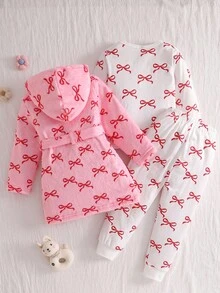 3pcs Girls Butterfly Pattern Long Sleeve Top, Pants And Hooded Robe Pajama Set Bow Pjs Bow Pajama Set Fall Winter - Pink - View 2