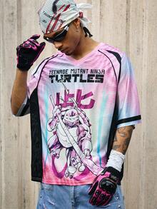 ROMWE MEN TEENAGE MUTANT NINJA TURTLES X ROMWE Men's Summer Cartoon And Slogan Graphic Ombre Colorblock Raglan Short Sleeve T-Shirt