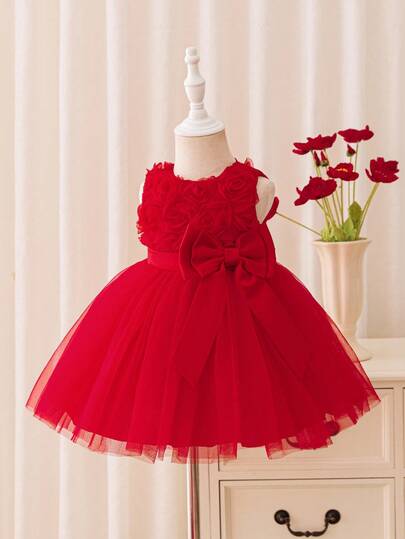 Glamorique Kids 圣诞女宝宝连衣裙，婚礼宾客礼服，女宝宝生日装，秋季派对服装，圣诞老人连衣裙，新年连衣裙，圣诞生日派对舞会礼服，公主裙，红色立体玫瑰刺绣网纱大蝴蝶结连衣裙，舞台表演中东华丽连衣裙