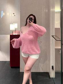 Flirla Suéter rosa con lentejuelas brillantes de moda para mujer de talla grande de otoño/invierno - Rosa - Ver 4